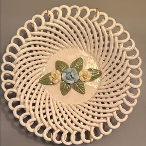 White Vintage Ceramic Plate w/ Floral Design in Blue, Yellow and Green, No Chips